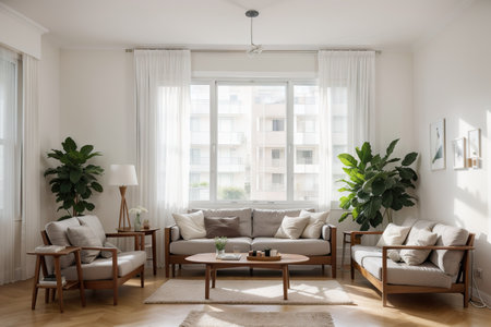 realistic vector living room interior with windows, curtains, sofa with coffee tables.の素材