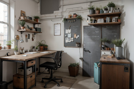 Industrial study room with metal wardrobe, rack and deskの素材