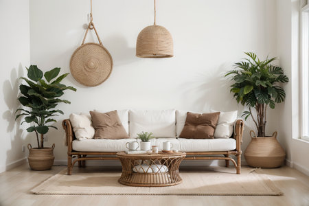 Home interior mock-up with cozy sofa on white wall background,の素材