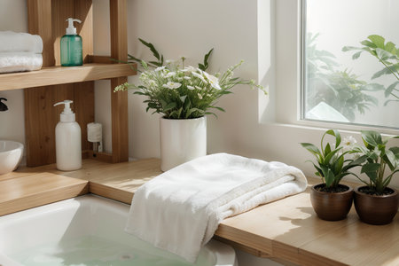 Wooden table on blurred background of bathroom window and shelvesの素材