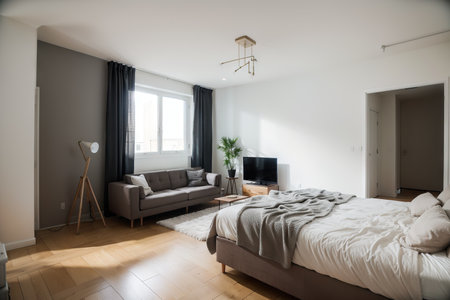 Modern flat room with stylish design as concept of before and after reconstruct renovation, comparison of upgraded remodeling in comfortable flat bedroom during rework in real estate.の素材