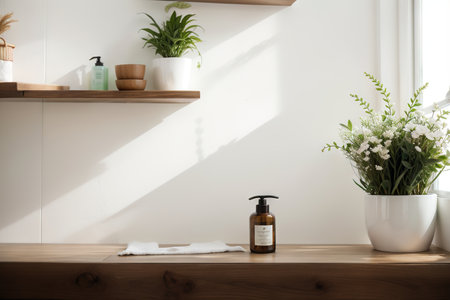 Wooden table on blurred background of bathroom window and shelvesの素材