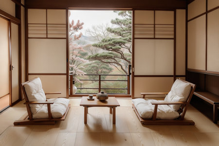 Zen room interior wooden wall on tatami mat floor, low table and armchair.の素材