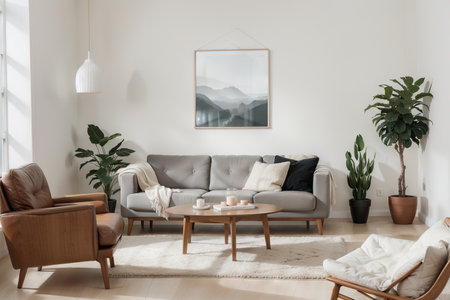 Poster frame mock-up in home interior background with modern sofa and decor in living room,の素材