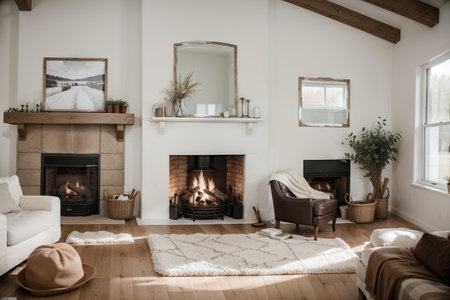 Interior with fireplace. Farmhouse style. Interior mockup. .の素材