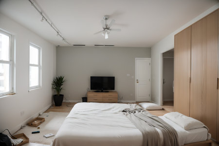 Modern flat room with stylish design as concept of before and after reconstruct renovation, comparison of upgraded remodeling in comfortable flat bedroom during rework in real estate.の素材