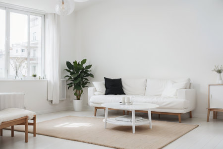 Stylish room in white color with sofa. Scandinavian interior design.の素材