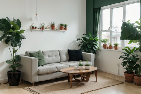 Room with Green House Plant Interior Inside Concept Contour Linear Style. Vector of Lineart Houseplantの素材