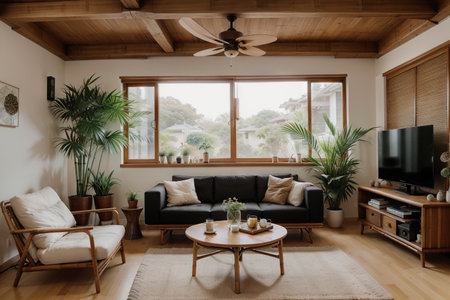Stylish living room interior with design furniture, elegant accessories and bamboo ceiling,の素材