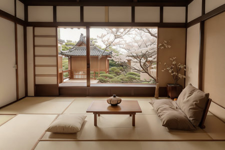 Zen room interior wooden wall on tatami mat floor, low table and armchair.の素材