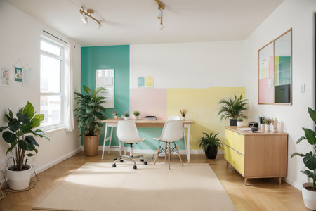 Office room with a two tone and pastel background.の素材