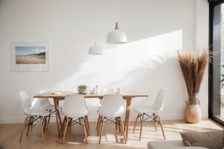 White interior with dining table, dresser and decor. mockup.の素材