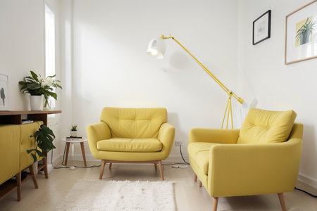 modern living room with yellow armchair and lamp. scandinavian interior design furniture.の素材