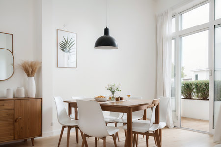White interior with dining table, dresser and decor. mockup.の素材