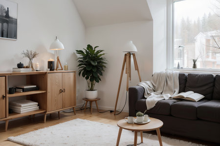 View of tripod lamp in a cozy living room spending warm lightの素材
