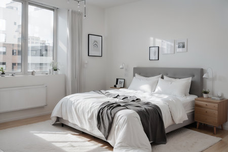 Urban Contemporary Modern Scandinavian Bedroom Interior Design. Gray and White wall. .の素材