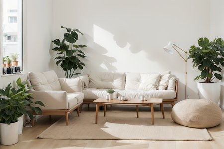 Bright and cozy modern living room interior have sofa and plant with white wall.の素材