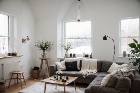 View of tripod lamp in a cozy living room spending warm lightの素材