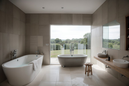 Panoramic bathroom interior with dark panel partition, on-trend tub, shower area, original stool, concrete floor and grey walls. A concept of modern house design.の素材