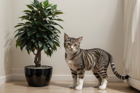 A small tabby cat lies by the indoor evergreen ficus benjamin on a wooden light white background. Space for textの素材