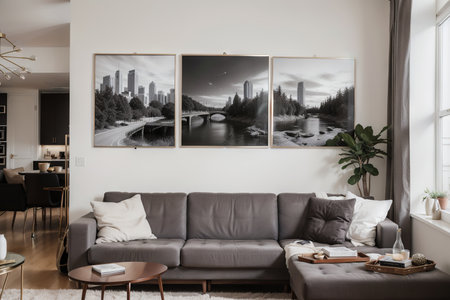 Mockup poster frame on the wall of living room. Luxurious apartment background with contemporary design. Modern interior design. ,の素材