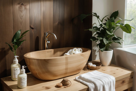 Composition set of spa treatment on wooden table in modern eco natural interior of bathroom with green plants. Eco friendly natural cleaning tools and products.の素材