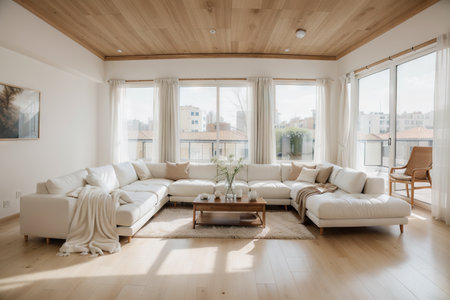 Panorama of elegant and comfortable designed living room with big corner sofa, wooden floor and big windowsの素材