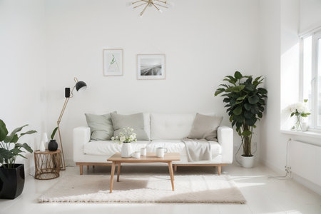 Stylish room in white color with sofa. Scandinavian interior design.の素材