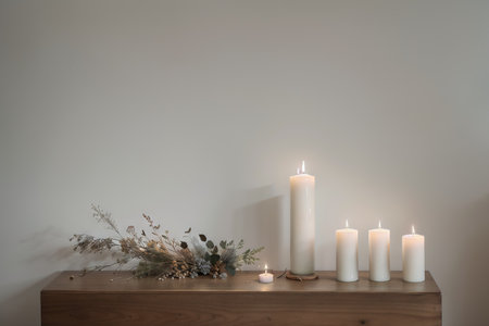 A minimalistic composition in the Scandinavian style with dried flowers in a vase and candles.の素材