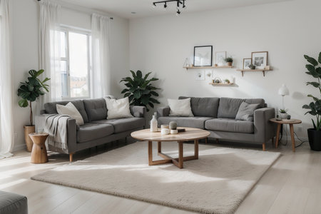 Stylish interior living room with comfortable gray color real photo modern sofa tv carbinet dinning tableの素材