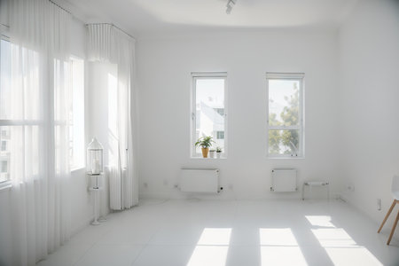 White room with the white curtains, combined with the sun lights on the wall.の素材