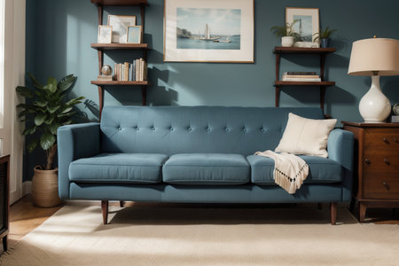 Stylish room with elegant retro sofa and vintage bookshelfの素材