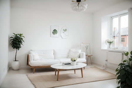 Stylish room in white color with sofa. Scandinavian interior design.の素材