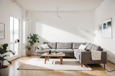 Contemporary Clean living room interior with Sofa, table and Ceiling light.の素材