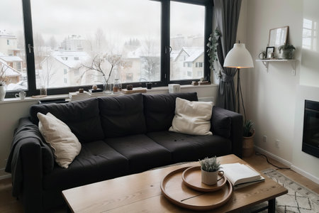 View of a cozy reader's corner with a table lamp spending warm lightの素材