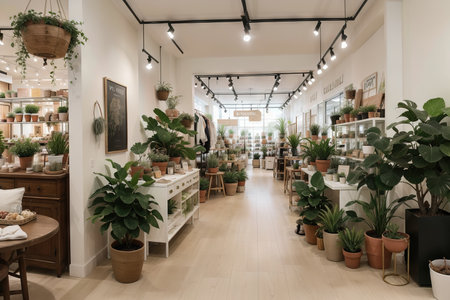View of assortment of decor for interior shop in store of shopping center. Home accessories and household products in store of shopping centre. Home plant in flower pot.の素材