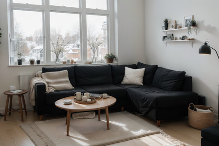 View of a cozy reader's corner with a table lamp spending warm lightの素材