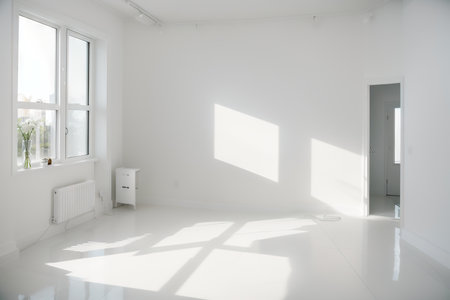 White room with the white curtains, combined with the sun lights on the wall.の素材