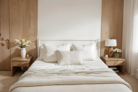interior design of wooden bedroom with bed and a vase of calla lily flowersの素材