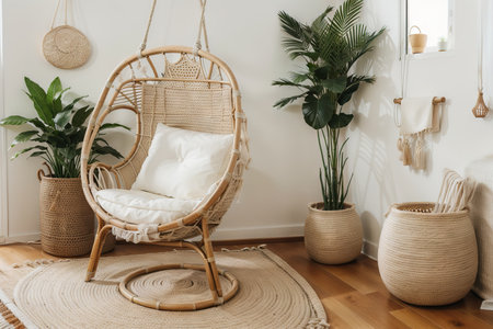 Home decor in boho style. Decoration objects like rattan chair, hanging chairs, candle holders, pictures, crochet decor, puffs, pillows, rattan pots, shelves, mats, plaids, wood stools, lamp... Vectorの素材