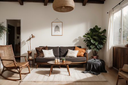 Cozy home interior with wooden furniture on brown background, empty wall mockup in boho decoration, ,の素材