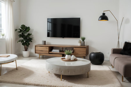 Modern, white and round coffee table with decorative black sculpture and bowl in stylish room with beige sofa, black lamp and colorful concrete wallの素材