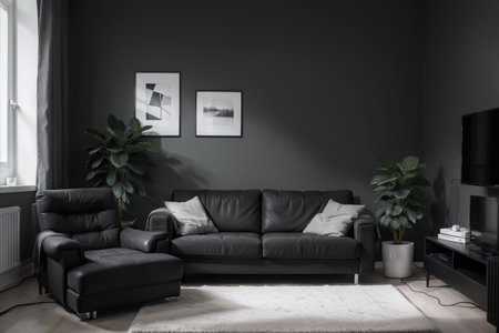 Dark room in plain monochrome grey tones with a tv set, plant and floor lamp on a carpet. Black background. for poster frames.の素材