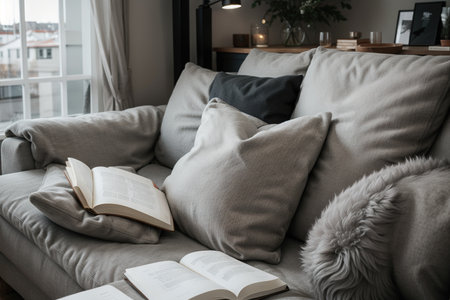 Cashmere sweater, reading and serving tray on gray sofa. Warm weekend at home. Detail of cozy winter interior.の素材