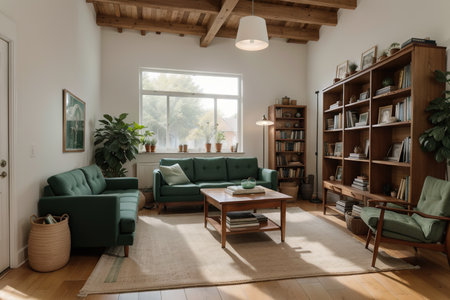 Loft interior with a woden bookcase with book and rug on wood floor and green wallの素材