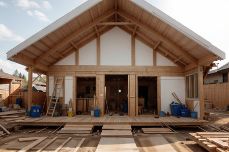 New residential construction home framing against a blue sky. Roofing construction. Wooden constructionの素材