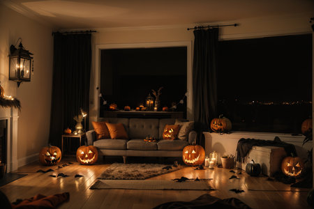 Halloween party in living room - decorations with lanterns and pumpkins , jack-o-lantern, modern classic style, Halloween 2018,の素材