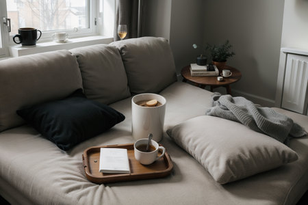 Cashmere sweater, reading and serving tray on gray sofa. Warm weekend at home. Detail of cozy winter interior.の素材