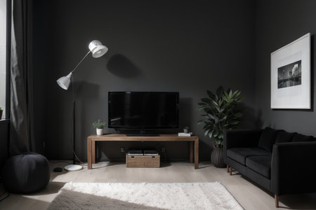 Dark room in plain monochrome grey tones with a tv set, plant and floor lamp on a carpet. Black background. for poster frames.の素材
