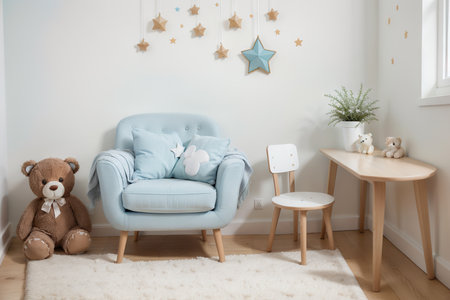 Small light blue armchair for kid standing in white room interior with stars on the wall, white rug and cupboard with books, teddy bear and fresh plant. Empty space for your cribの素材